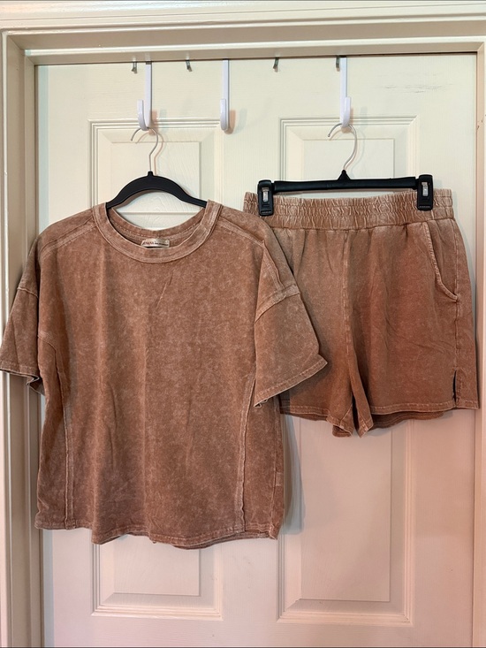 Zenana Outfitters Pants - Zenana Outfitters Washed Brown Lounge Shorts Set